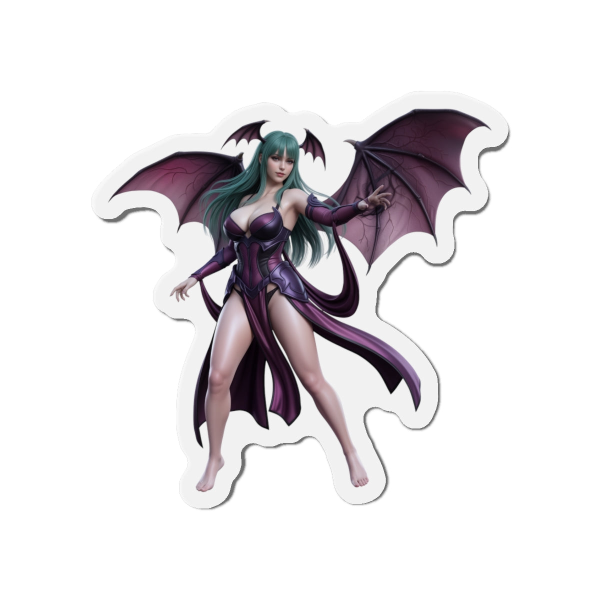 Morrigan Aensland Magnet – Darkstalkers Anime Heroine Fridge Magnet featuring die-cut vinyl artwork of Morrigan with bat wings, purple outfit, high-resolution print
