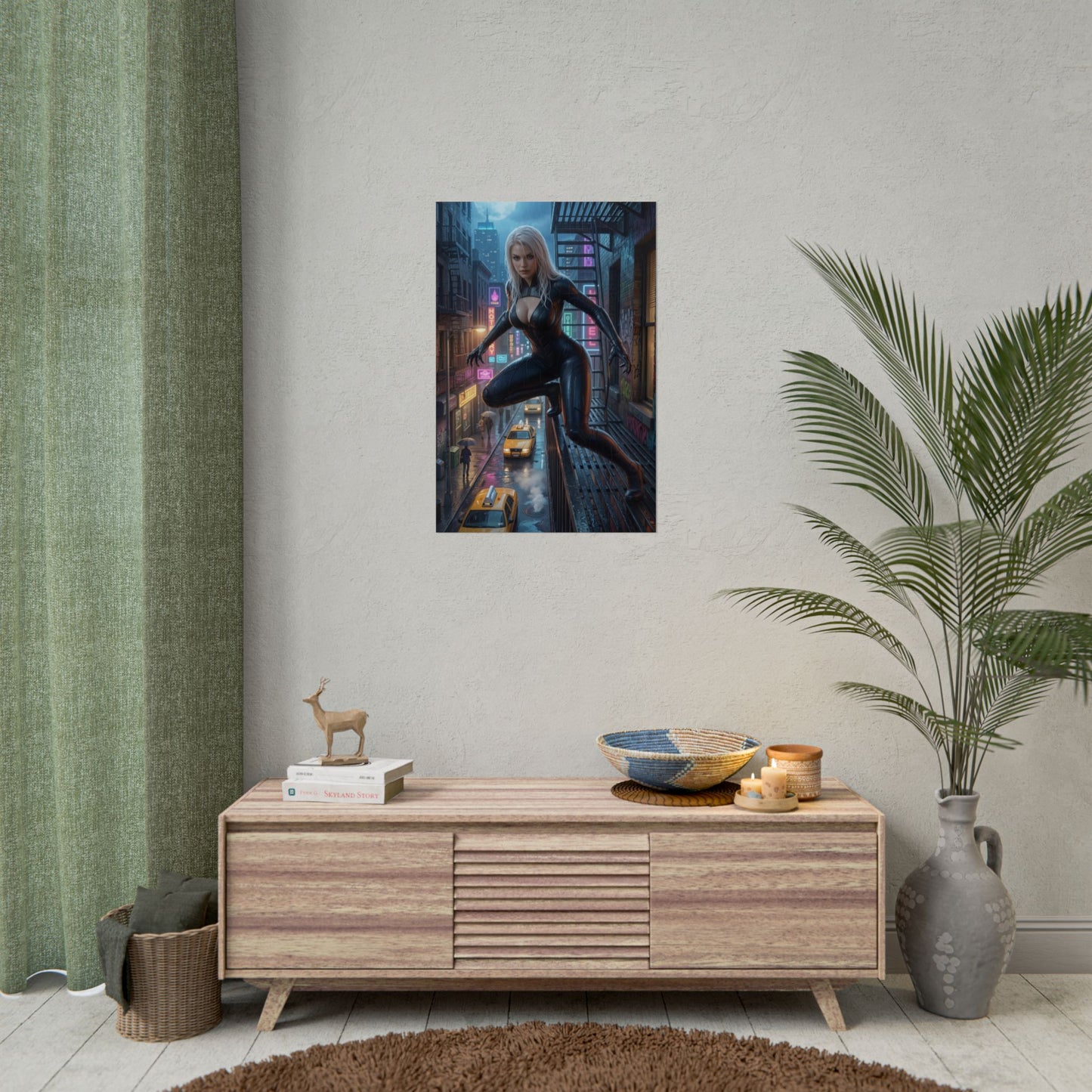 Black Cat Poster, Marvel Art Print – Iconic Comic Anti-Heroine Wall Art hung in modern living room above wooden console