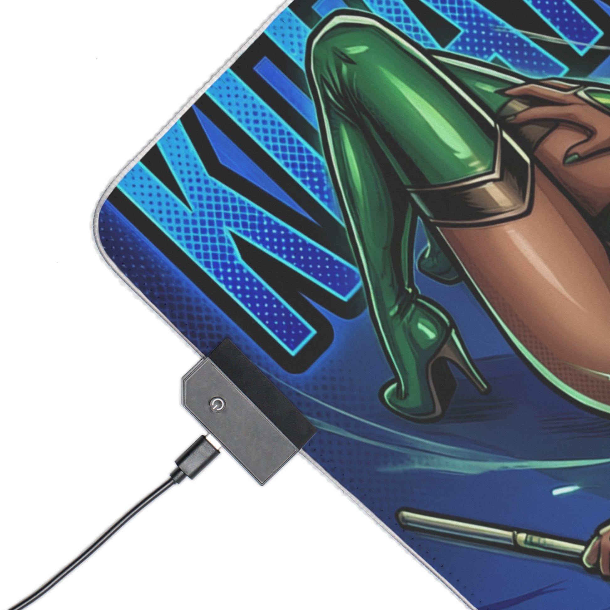 Kitana Jade Mileena RGB Desk Mat, Mortal Kombat Gaming Mouse Pad, LED Desk Mat showing green-clad character leg detail and USB LED connector