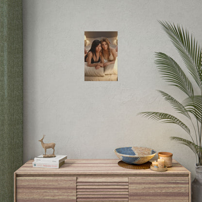 Tifa Aerith Poster, Final Fantasy Art Print – RPG Heroines Wall Art displayed in minimalist gamer room over wooden console