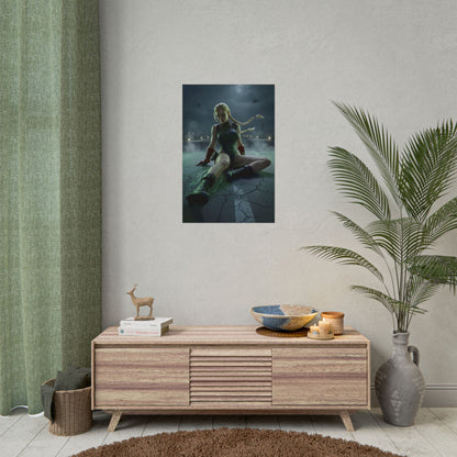 Cammy White Poster / Cammy White Wall Art / Cammy White Art Print / Street Fighter Poster — low-angle cinematic fighter on stormy military runway