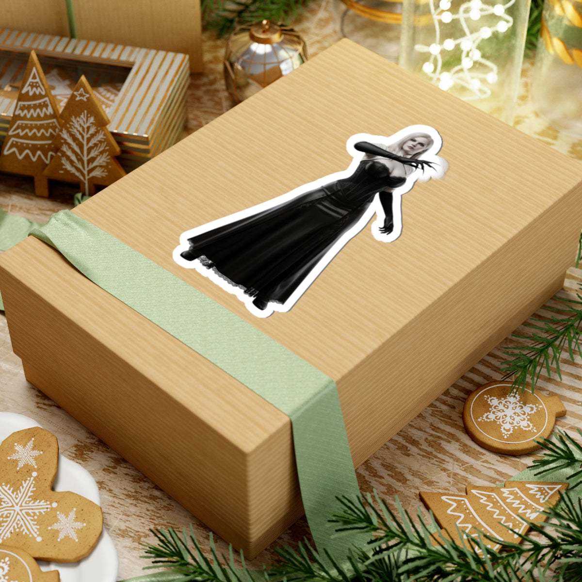 Lady Dimitrescu Sticker – Gothic Game Character Vinyl Sticker for Laptops & Decor on a gift-wrapped box, glossy vinyl decal showing tall elegant gothic character