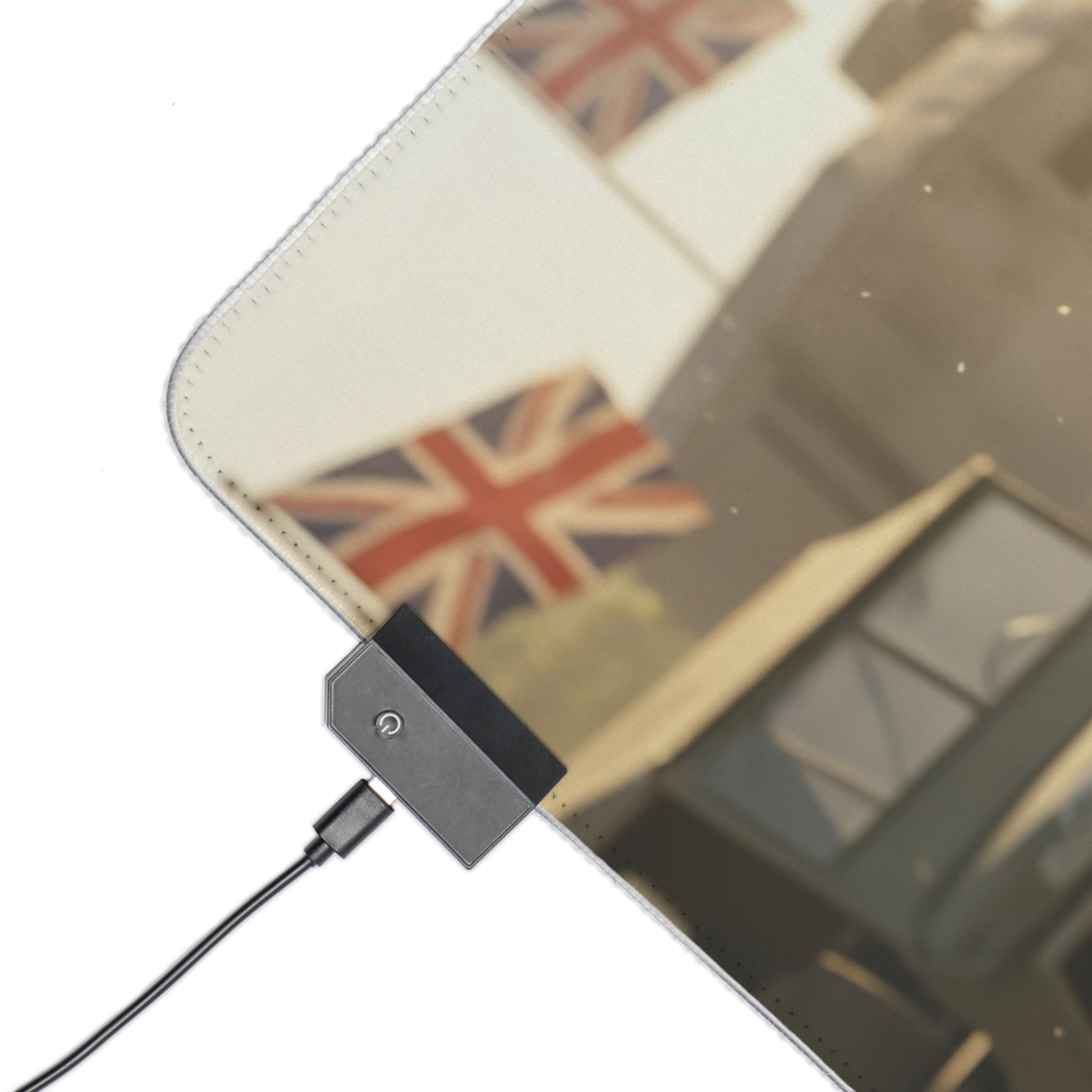 Cammy White Desk Mat – LED RGB Pad, Waifu Fighter Anime Girl Setup close-up of stitched edge and USB LED controller with Union Jack design background