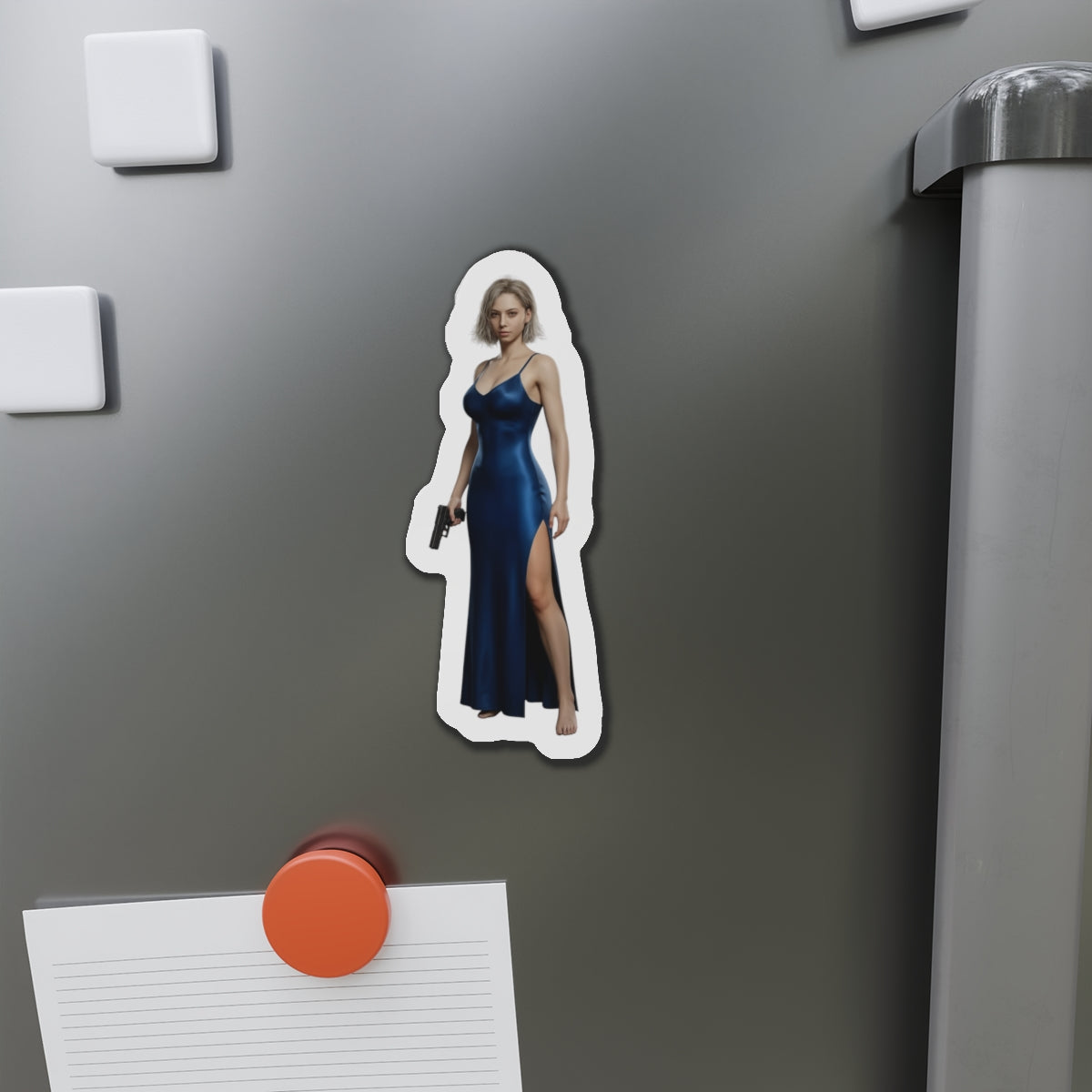 Grace Ashcroft Magnet, Resident Evil Fridge Magnet, Gaming Room Decor showcasing anime-style Grace Ashcroft in blue dress on durable vinyl magnet