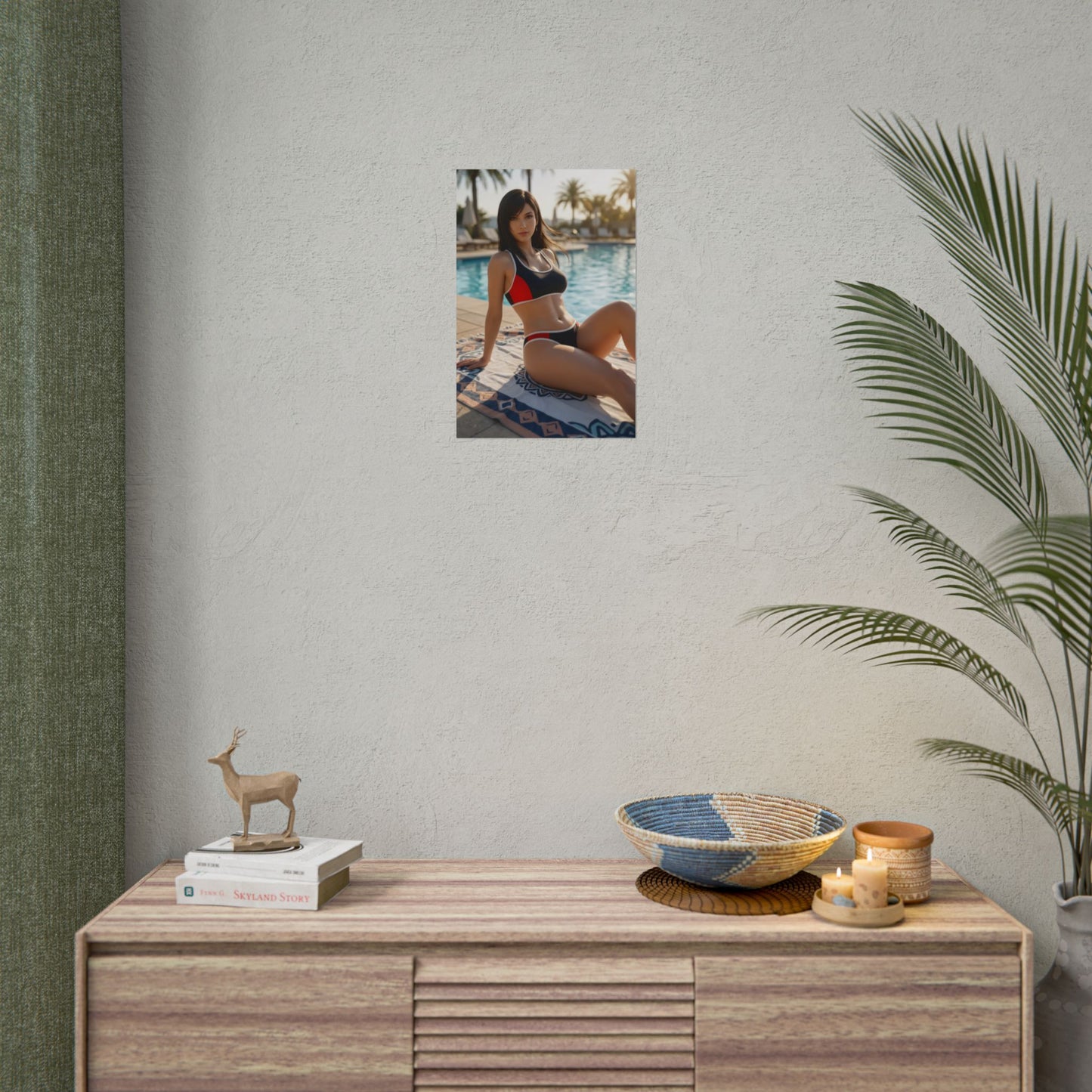 Tifa Final Fantasy Poster – Iconic RPG Heroine Wall Art for Gamer Decor, swimsuit poolside print in modern gaming room