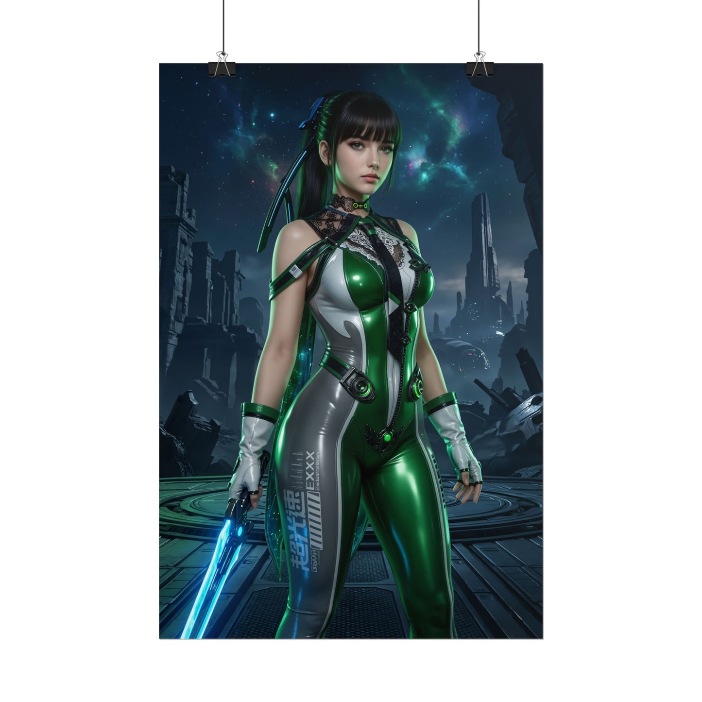 EVE Poster, Stellar Blade Art Print, Iconic Sci-Fi Action Hero - futuristic female warrior in green combat suit holding energy blade