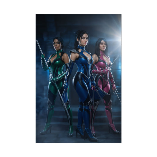 Kitana Jade Mileena Poster, Mortal Kombat Art Print – Iconic Fighter Trio featuring three female fighters in green, blue, and pink battle suits