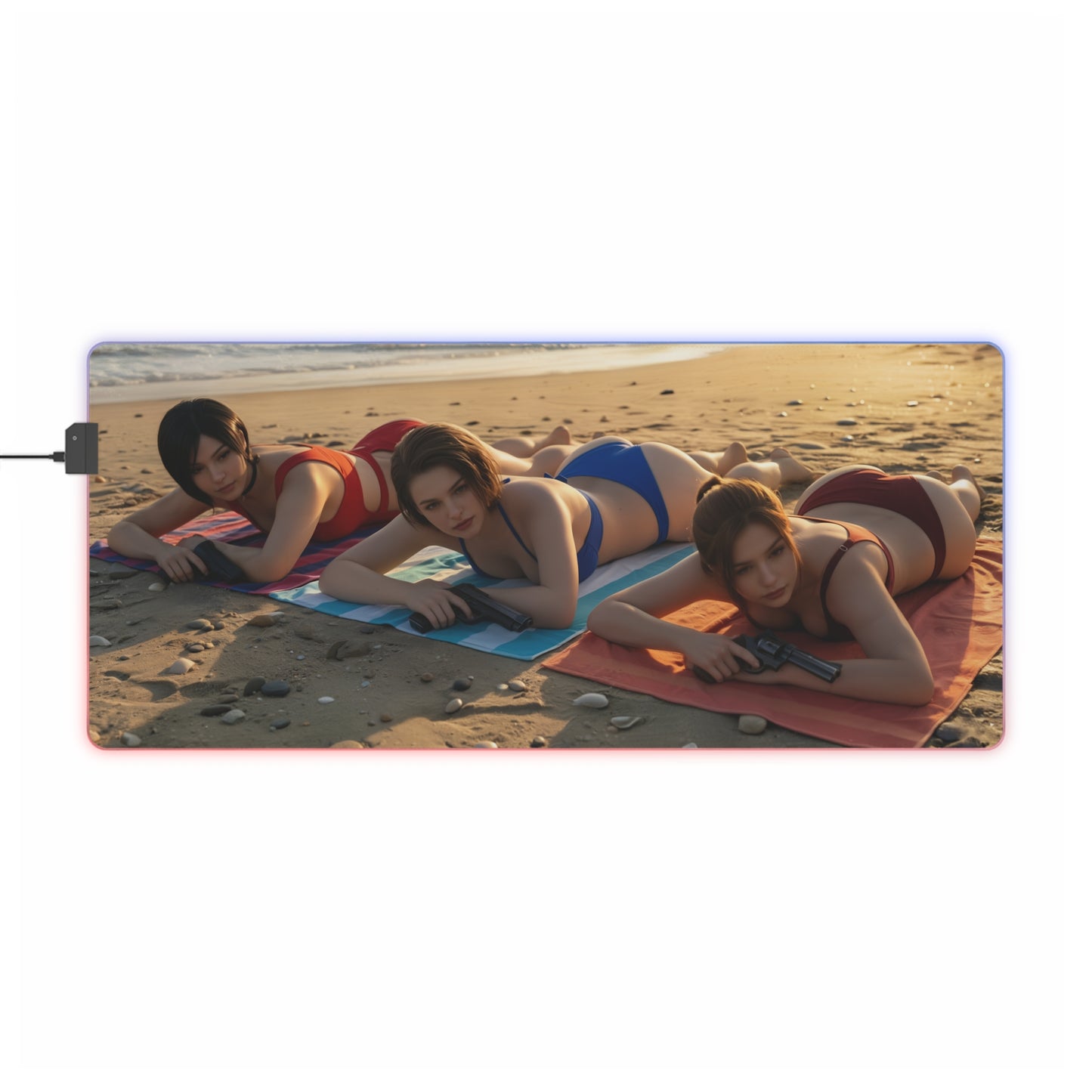 Ada Wong, Claire Redfield & Jill Valentine Desk Mat – LED RGB Pad showing three heroines on a beach-themed RGB gaming desk mat