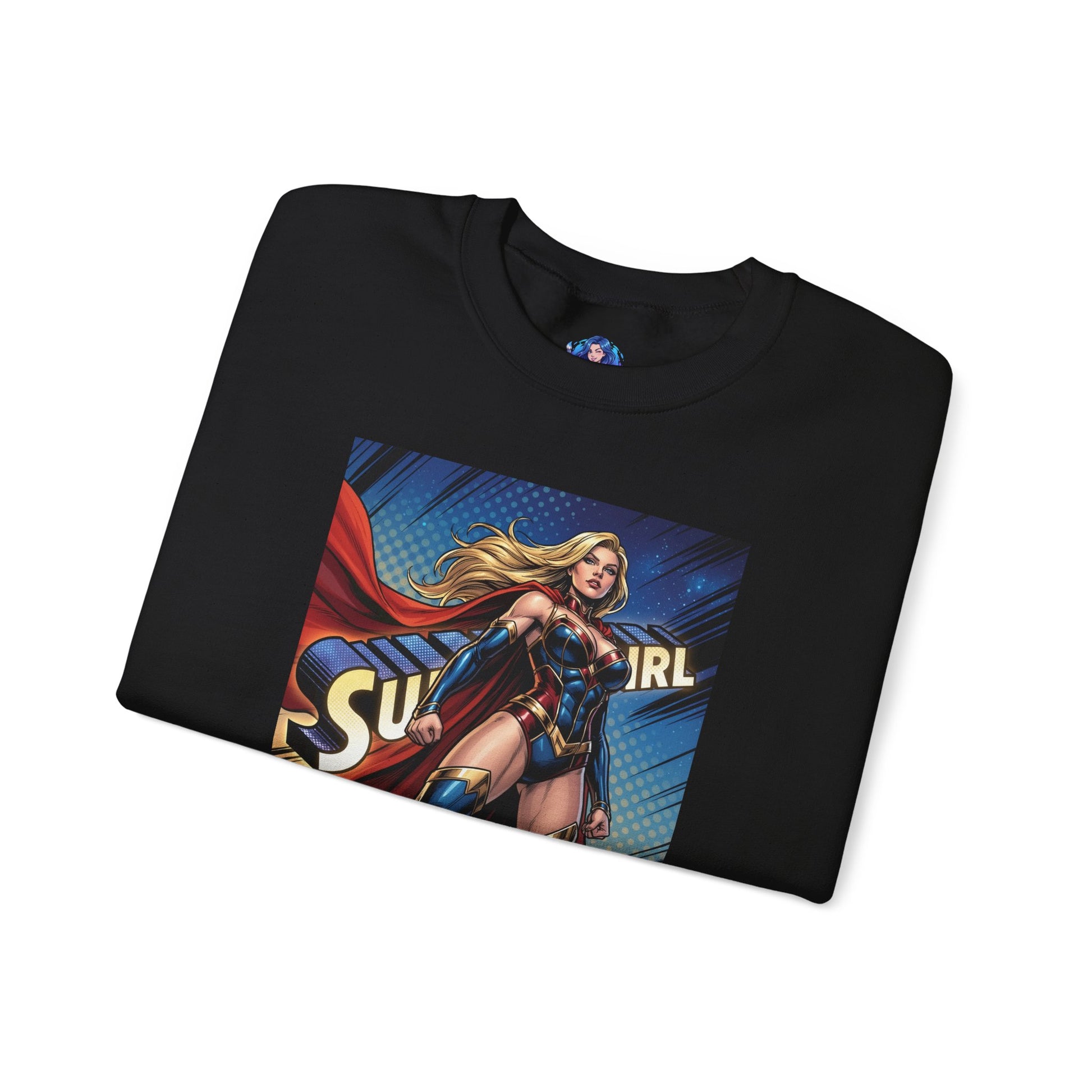 Supergirl Sweatshirt, DC Comics Crewneck, Iconic Superhero Fan Apparel - folded black crewneck with bold Supergirl comic graphic