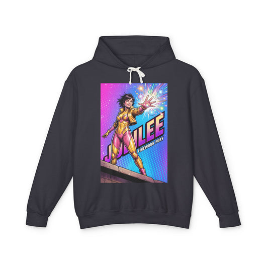 Jubilee Hoodie | Marvel Superhero Hoodie | Fireworks Fury Pullover - charcoal pullover with colorful Jubilee fireworks graphic