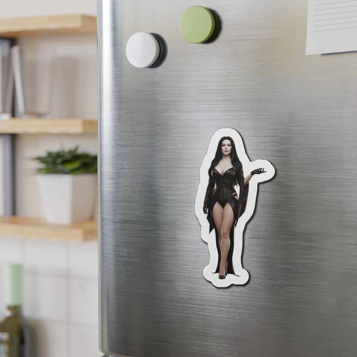 Morticia Addams Magnet – Gothic Icon Fridge Magnet, Anime Style Decor on stainless fridge showing die-cut vinyl anime-style Morticia Addams