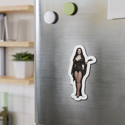 Morticia Addams Magnet – Gothic Icon Fridge Magnet, Anime Style Decor on stainless fridge showing die-cut vinyl anime-style Morticia Addams