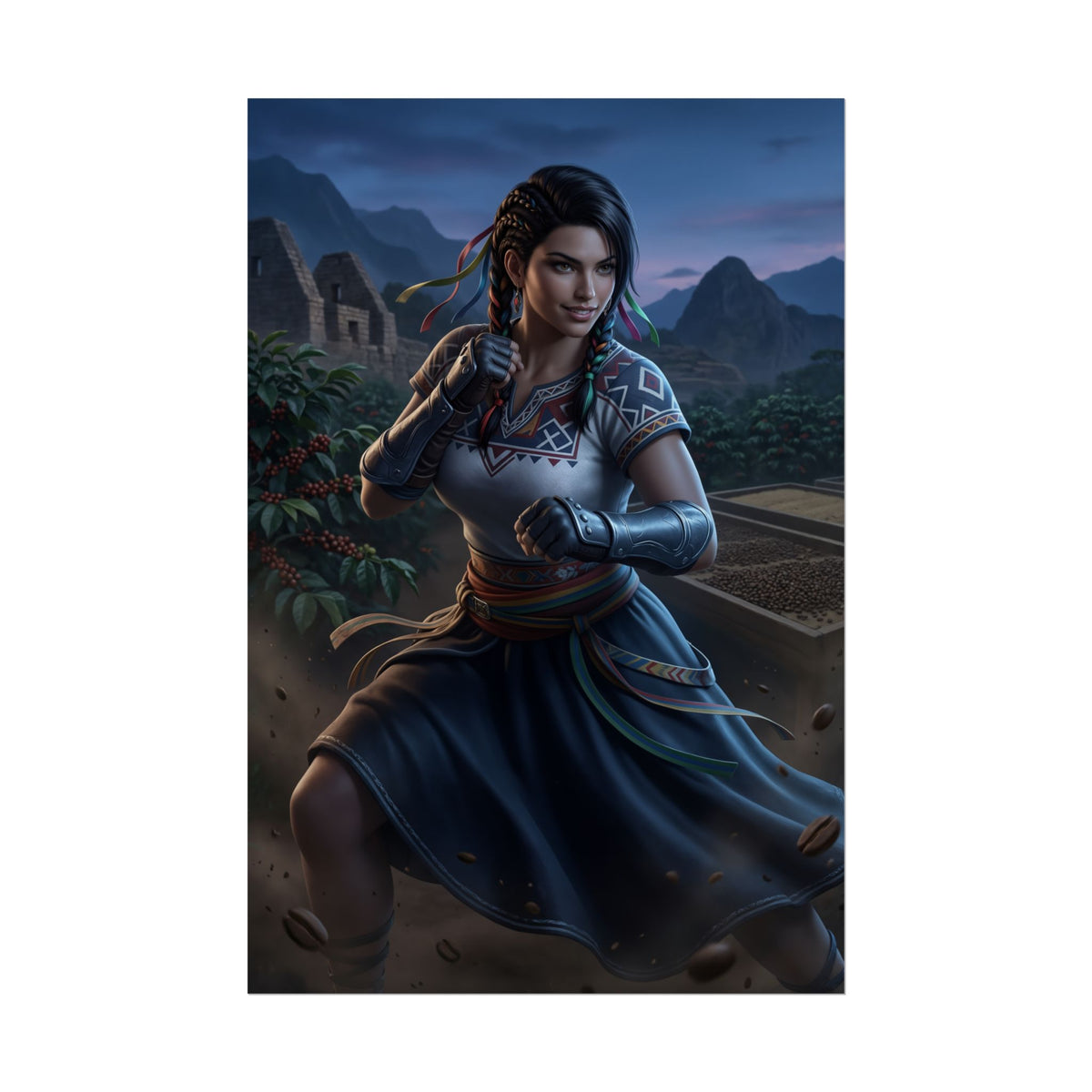 Azucena Milagros Tekken Poster  Iconic Fighting Game Heroine Wall Art, dynamic high-res portrait of Azucena in combat pose with Incan ruins backdrop
