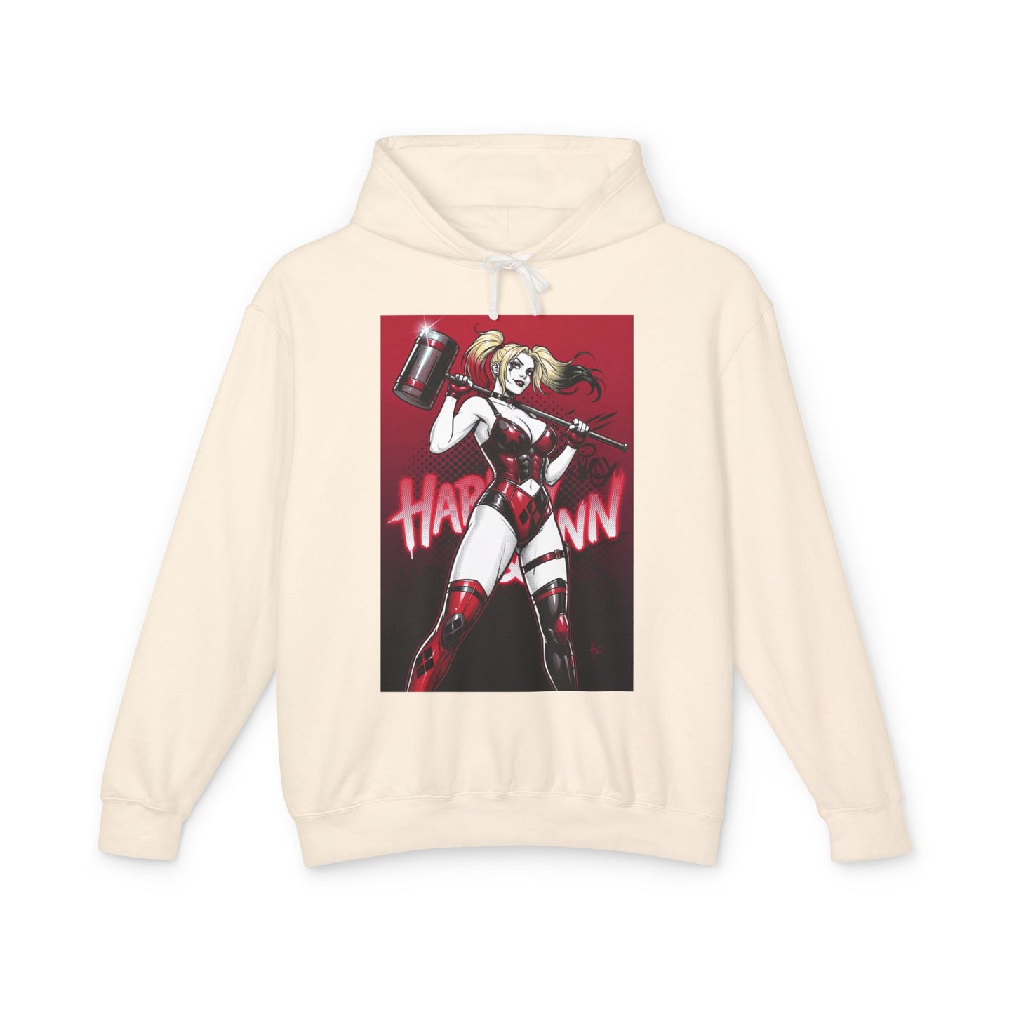 Harley Quinn Hoodie | DC Villain Hoodie | Chaos Queen Pullover - cream streetwear pullover with Harley Quinn graphic and mallet