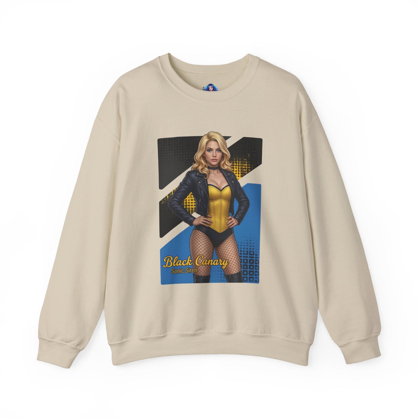 Black Canary Sweatshirt, DC Comics Crewneck, Classic Superhero Apparel for Fans — beige crewneck with Black Canary artwork featuring blonde heroine in jacket