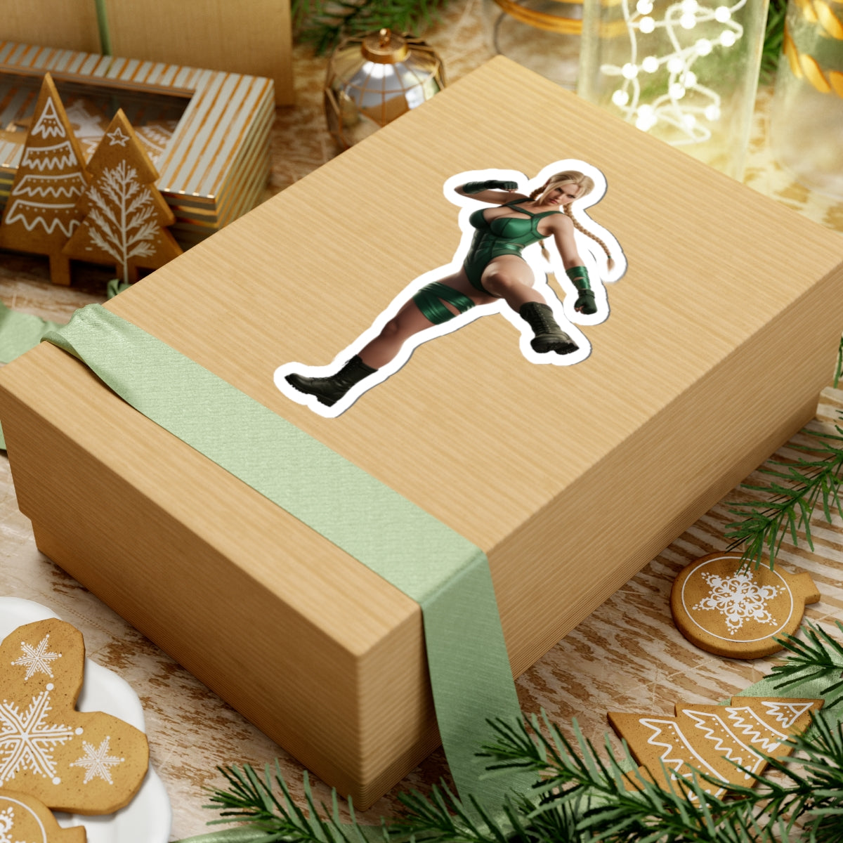 Cammy White Sticker – Street Fighter Vinyl Sticker for Laptops & Indoor Decor on a gift box, glossy vinyl decal of Cammy White applied to kraft-wrapped present