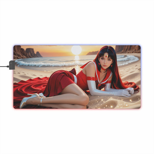 Sailor Mars Desk Mat – LED RGB Pad, Elegant Waifu Anime Girl Setup with reclining red-clad waifu on sunset beach, precision-cloth surface
