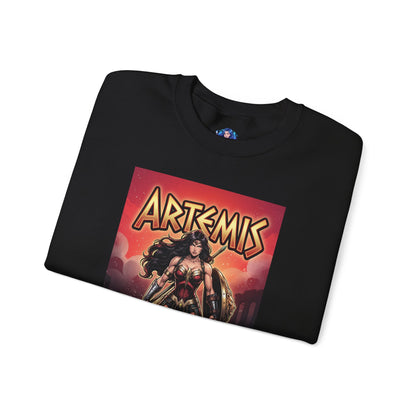 Artemis Sweatshirt, DC Comics Warrior Art, Premium Hero Apparel - folded black crewneck showing Artemis in armor with spear and shield