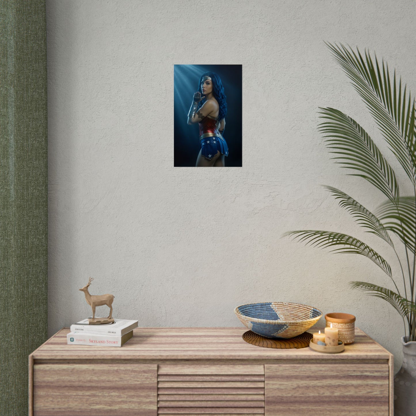 Wonder Woman Poster – Iconic Warrior Heroine Wall Art for Gamer Decor on bedroom wall showing vivid comic-inspired heroine print