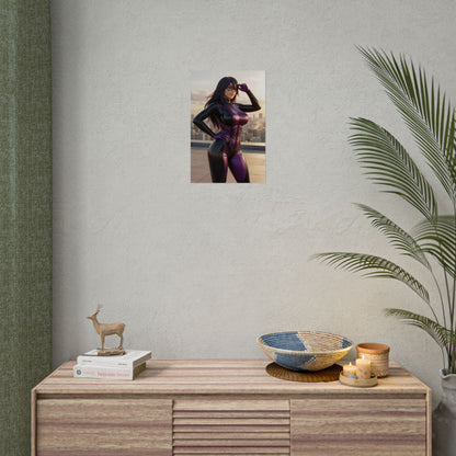 Midnight Poster, My Hero Academia Wall Art Print – Anime Decor showing legendary heroine artwork above a console in a modern media room
