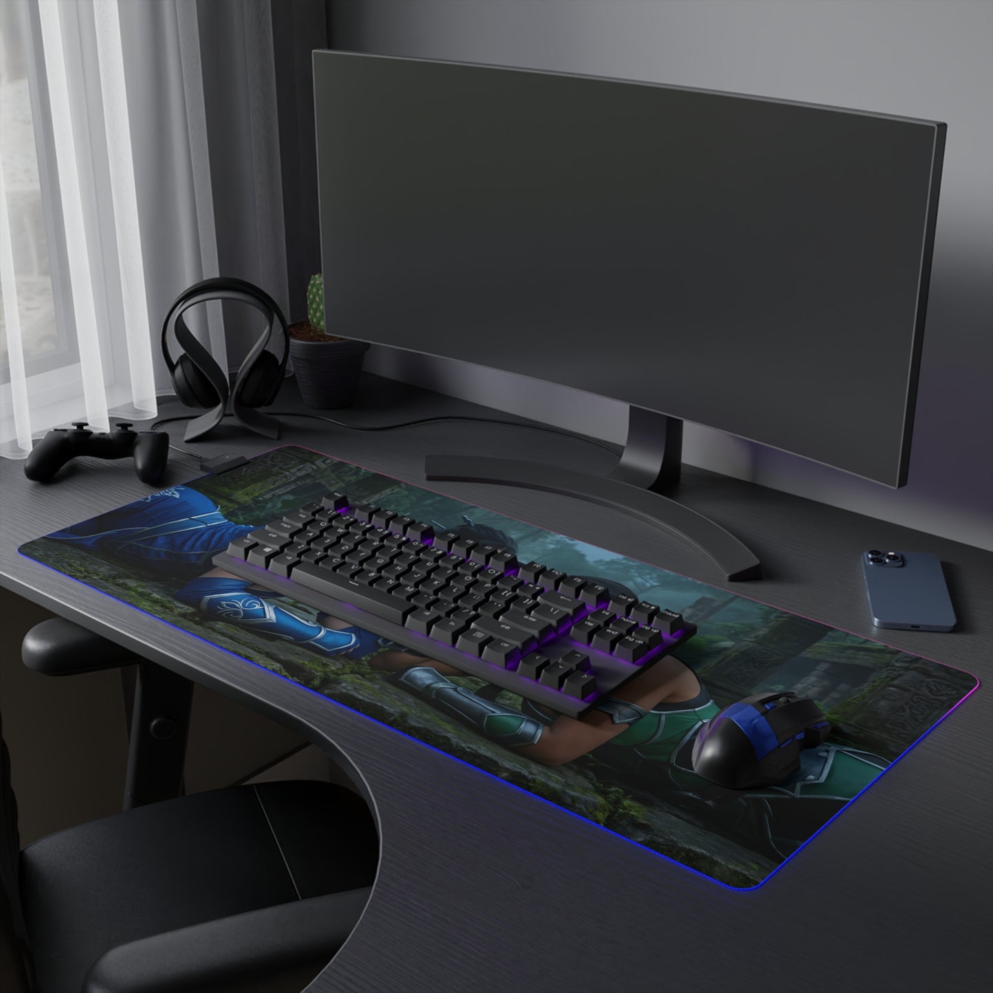 Kitana and Jade Desk Mat – LED RGB Pad, Waifu Fighter Setup on gaming desk with dual heroines art and RGB lighting