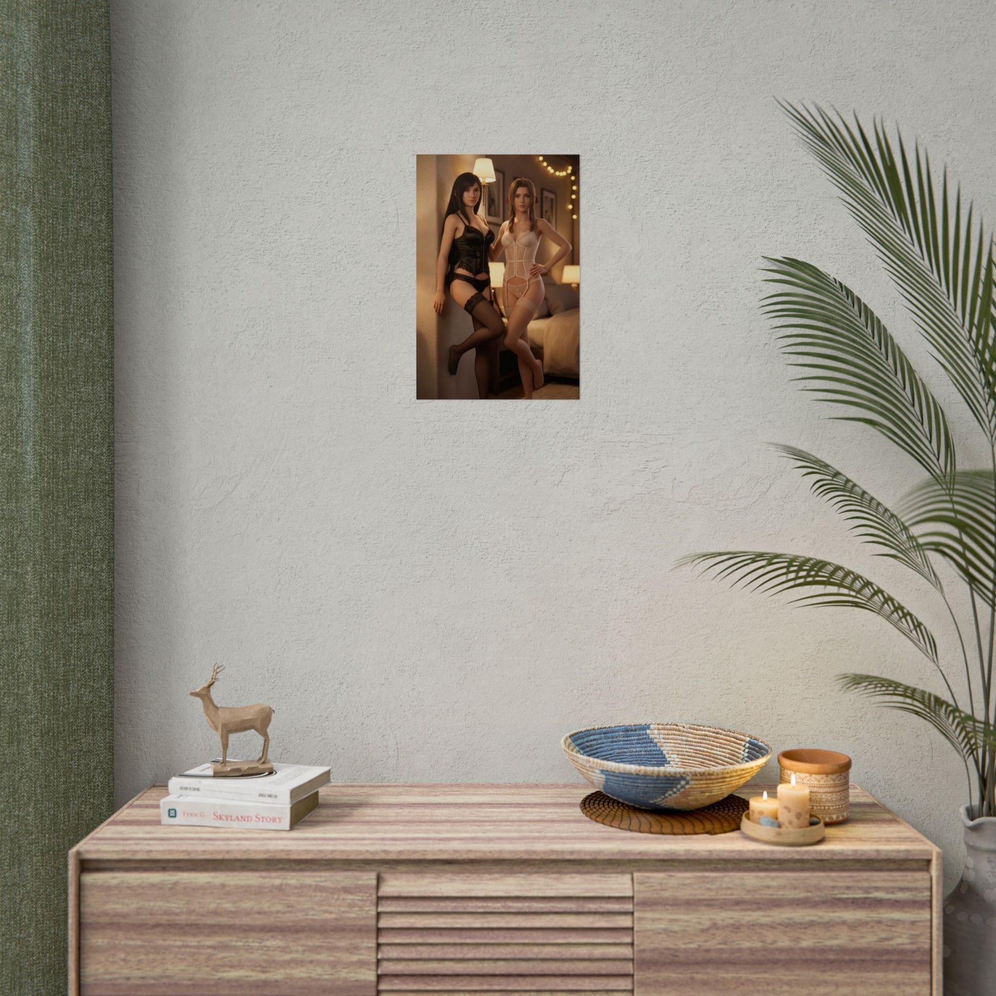Tifa Aerith Poster, Final Fantasy Art Print – Iconic JRPG Duo Decor displayed as premium wall art over modern console in a gamer room setup