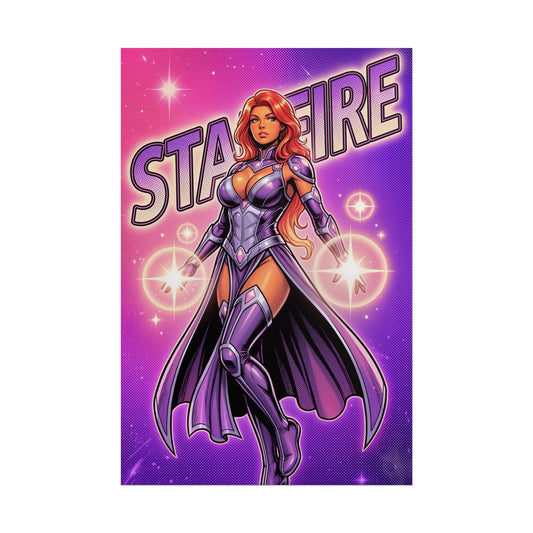 Alt Tag: Starfire Poster / Starfire Wall Art / Starfire Art Print / DC Comics Poster featuring radiant Starfire in purple cosmic energy scene