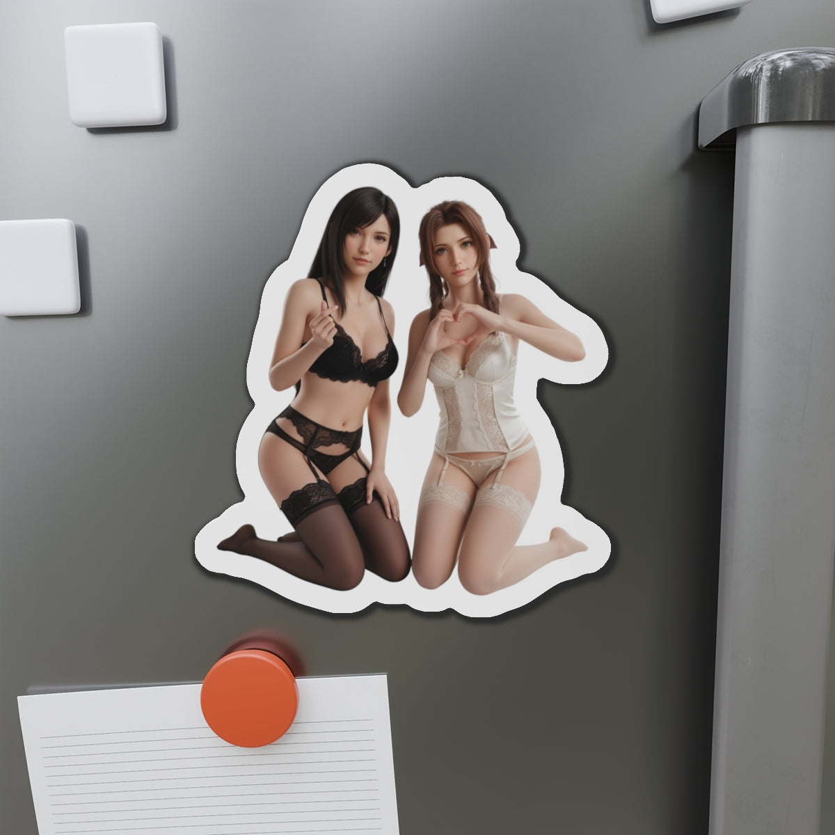 Tifa Aerith Magnet – Final Fantasy VII Anime Duo Fridge Magnet premium die-cut vinyl magnet of Tifa and Aerith in anime style for fridge or locker