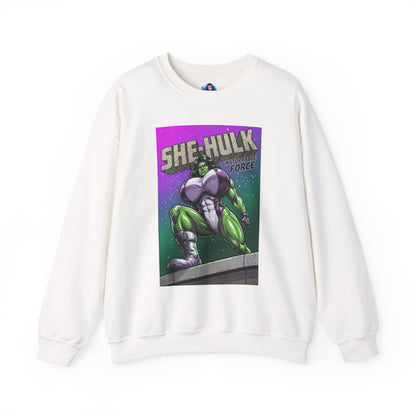 She-Hulk Sweatshirt, Comic Character Art, Premium Fan Apparel featuring bold green She-Hulk illustration on white crewneck sweatshirt