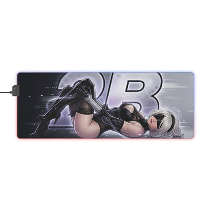 2B RGB Desk Mat, NieR Automata Gaming Mouse Pad, LED Desk Mat showcasing reclining 2B artwork, RGB LED edge lighting and smooth cloth surface
