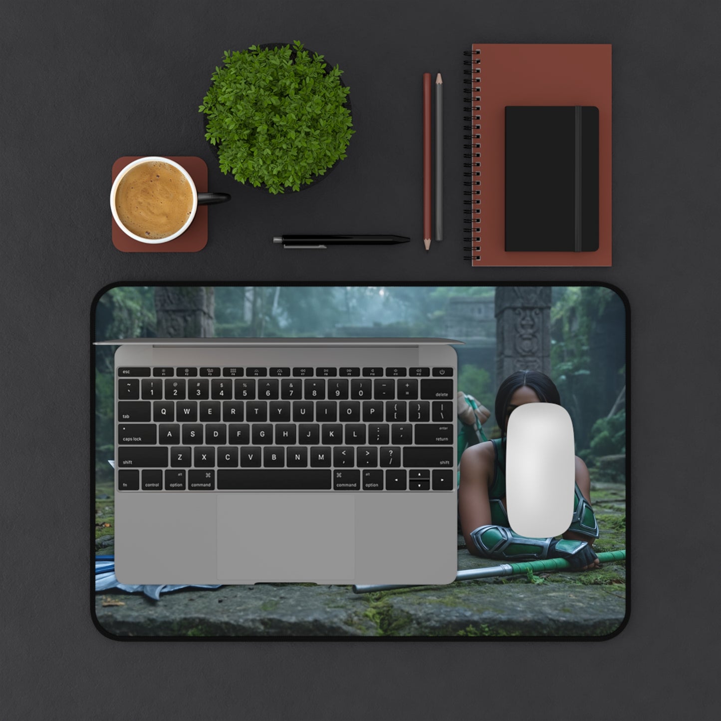 Kitana Jade Mileena Gaming Mouse Pad, Mortal Kombat Desk Mat, Edenian Fighters Setup showing forest artwork on desk mat with laptop and mouse