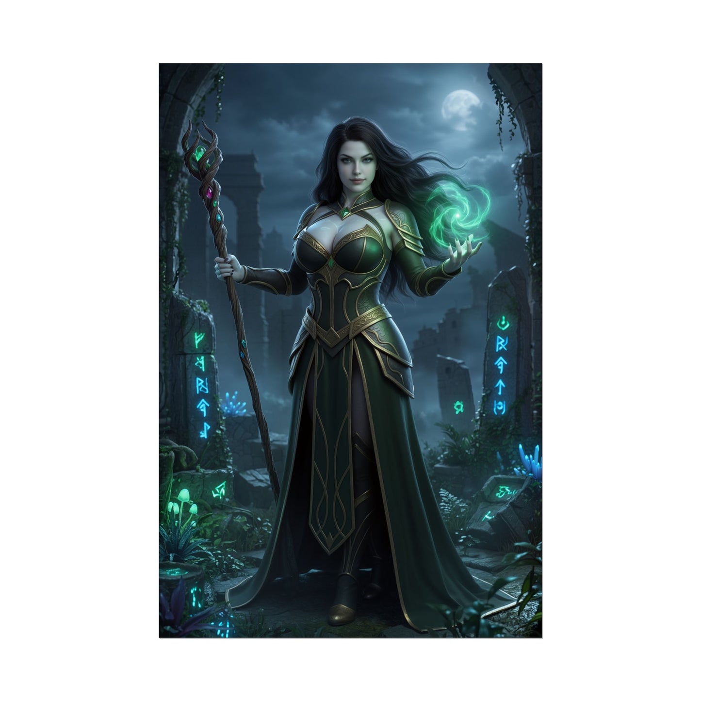 Circe Poster, DC Comics Art Print – Mythic Villainess Wall Art showing sorceress Circe in dark ruins with glowing green magic staff and spell