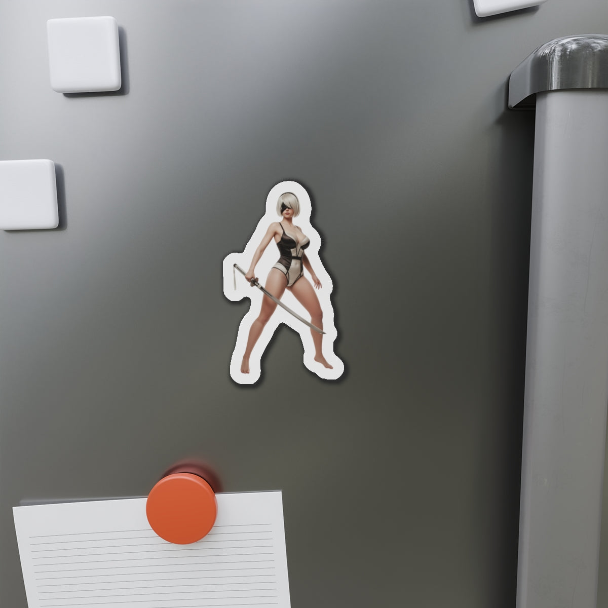 2B Magnet – NieR Automata Anime Heroine Fridge Magnet, Game Decor - die-cut vinyl fridge magnet showing 2B anime heroine in clean high-res artwork