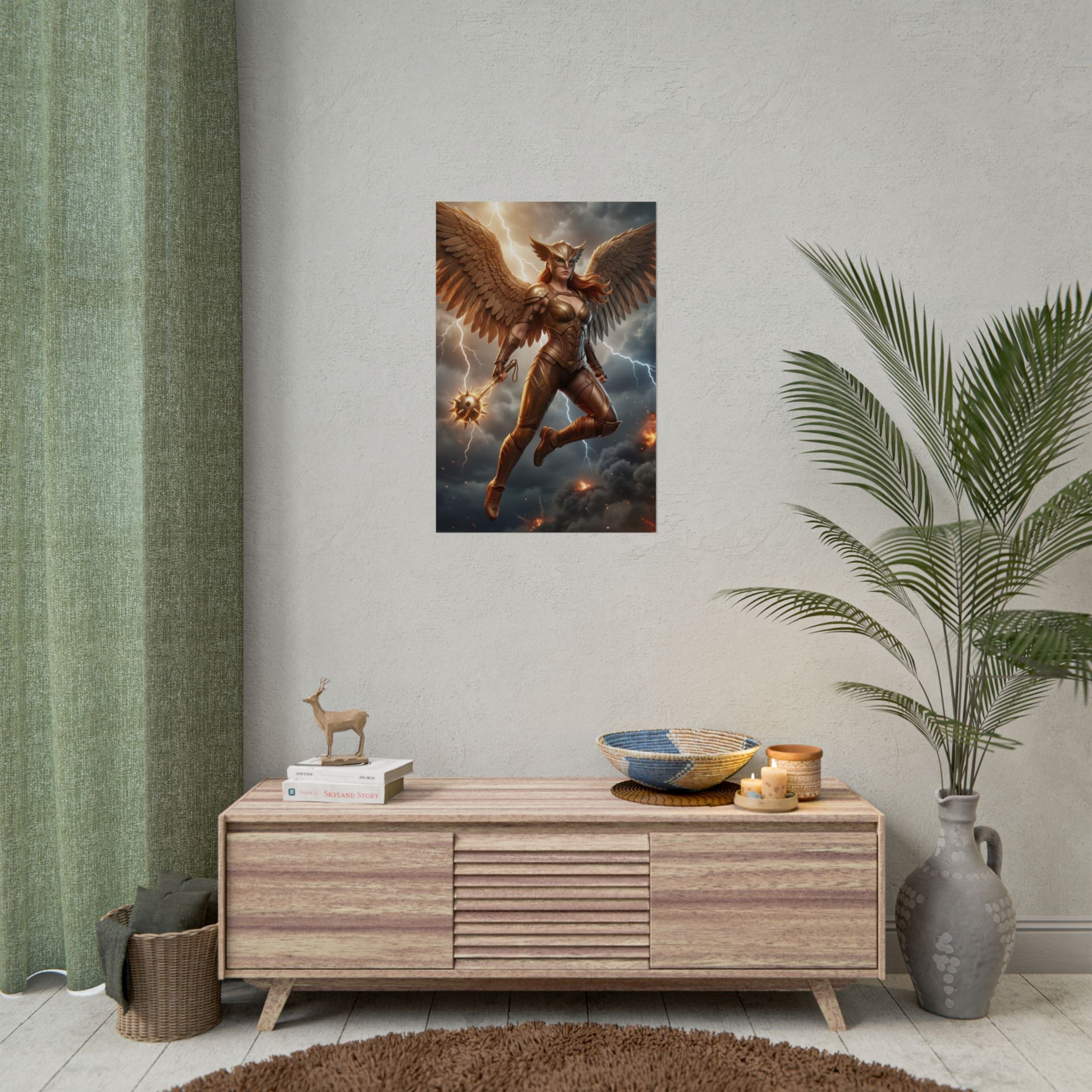 Hawkgirl Poster, DC Comics Wall Art Print – Heroine Decor showcasing detailed Hawkgirl artwork over a modern media room setup