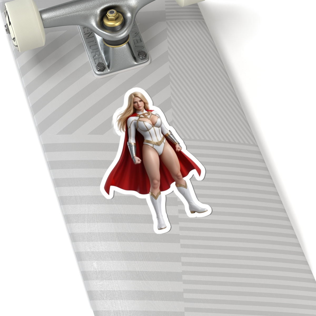Power Girl Sticker – Comic Heroine Vinyl Sticker for Laptops & Indoor Decor on skateboard showing glossy durable vinyl, vibrant colors, strong adhesive