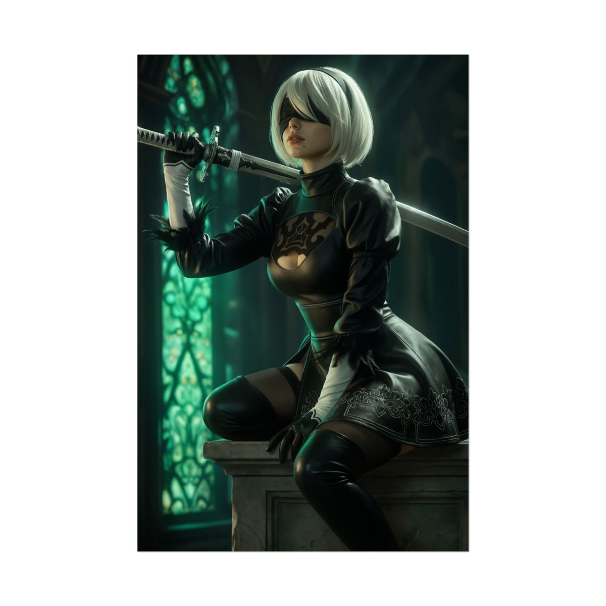 2B NieR Automata Poster  Iconic Android Heroine Wall Art for Gamer Decor, stylized 2B holding katana in gothic stained-glass room