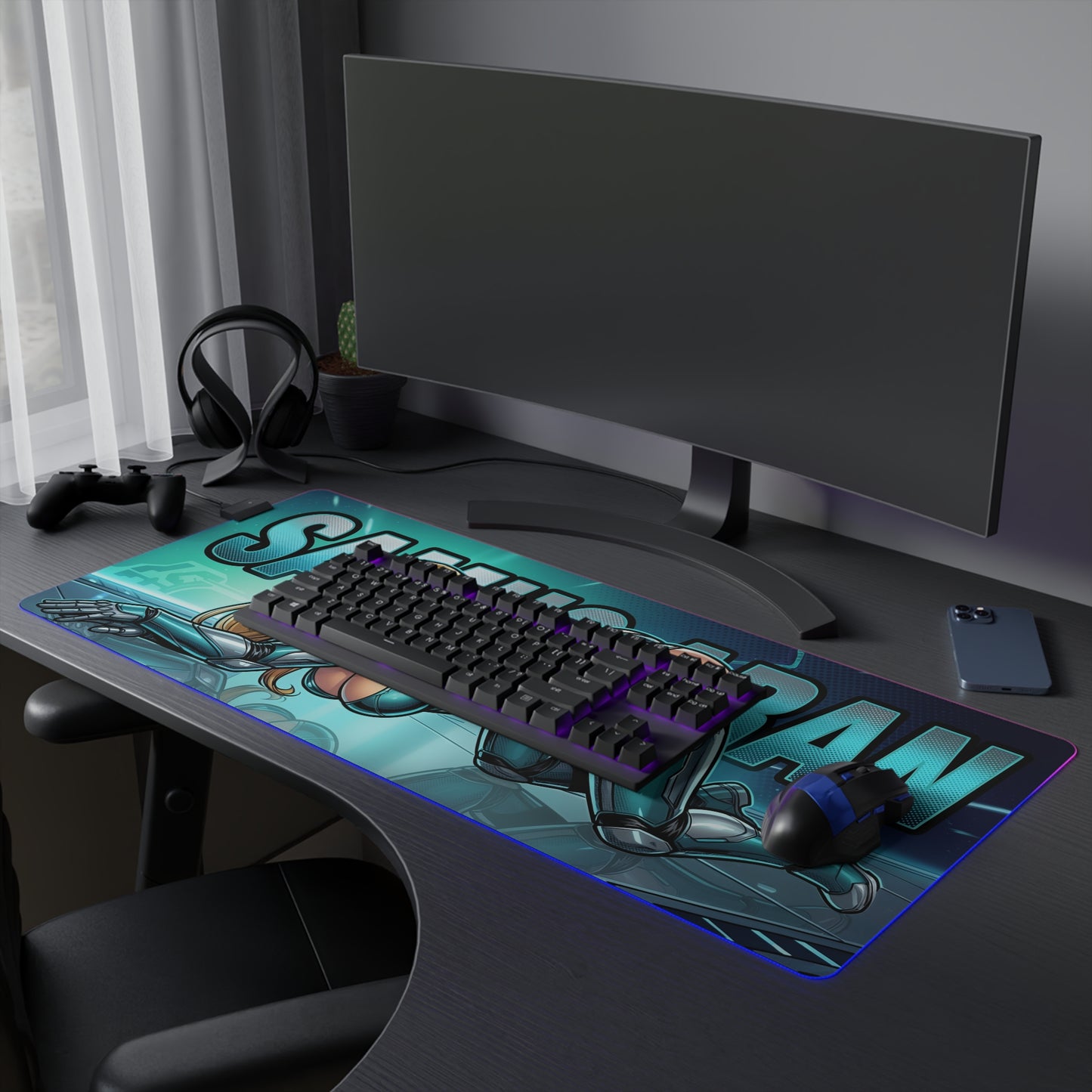 Samus Aran RGB Desk Mat, Futuristic Gaming Mouse Pad, LED Desk Mat for Gamer Setup showcasing dynamic sci-fi armor artwork with RGB LED glow on gaming desk