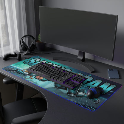 Samus Aran RGB Desk Mat, Futuristic Gaming Mouse Pad, LED Desk Mat for Gamer Setup showcasing dynamic sci-fi armor artwork with RGB LED glow on gaming desk