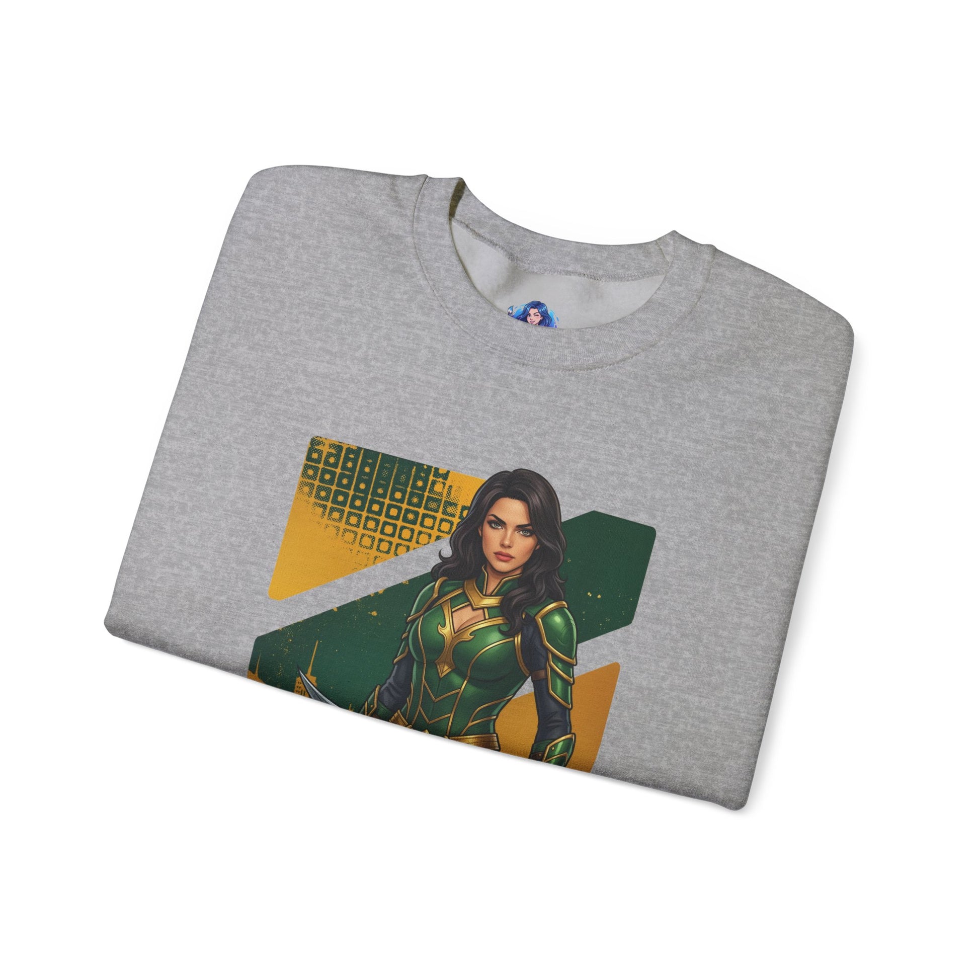 Talia al Ghul Sweatshirt, DC Comics Crewneck, Elegant Villain Apparel for Fans folded grey crewneck with character art