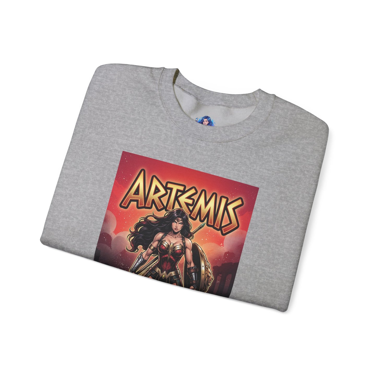 Artemis Sweatshirt, DC Comics Warrior Art, Premium Hero Apparel folded grey crewneck with Artemis battle art featuring armor and spear