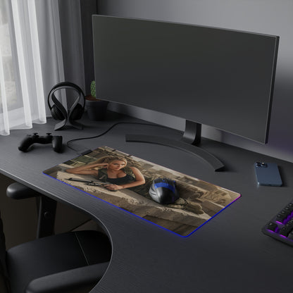 Alt Tag: Sonya Blade Desk Mat – LED RGB Pad, Waifu Fighter Anime Girl Setup on black gaming desk with LED border and gaming mouse