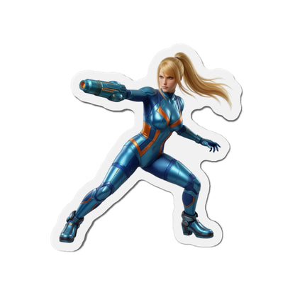 Samus Aran Magnet – Classic Sci-Fi Game Character Fridge Magnet, Decor showing die-cut vinyl magnet of Samus in blue Zero Suit pose