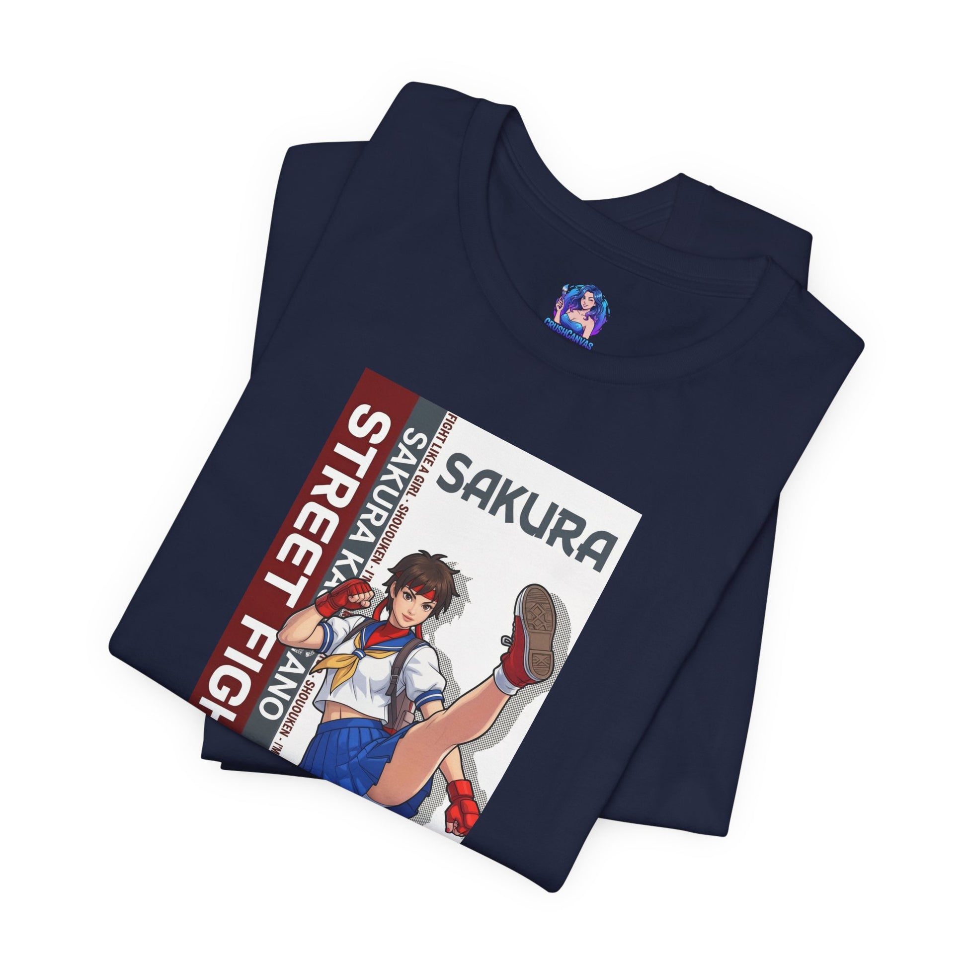 Sakura Kasugano T-Shirt | Street Fighter Anime Tee for Gamers & Fighting Game Fans - navy tee with Sakura illustration in dynamic school-fighter pose