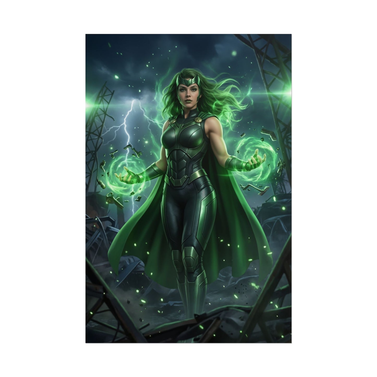 Polaris Poster, Marvel Art Print – Iconic Mutant Heroine Wall Art showing Polaris in green costume with magnetic energy, dramatic lightning and ruined city backdrop