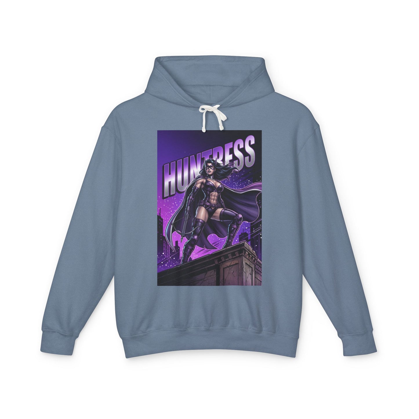 Huntress Hoodie | DC Vigilante Hoodie | Gotham Avenger Pullover front-view blue hoodie with purple Huntress comic art print