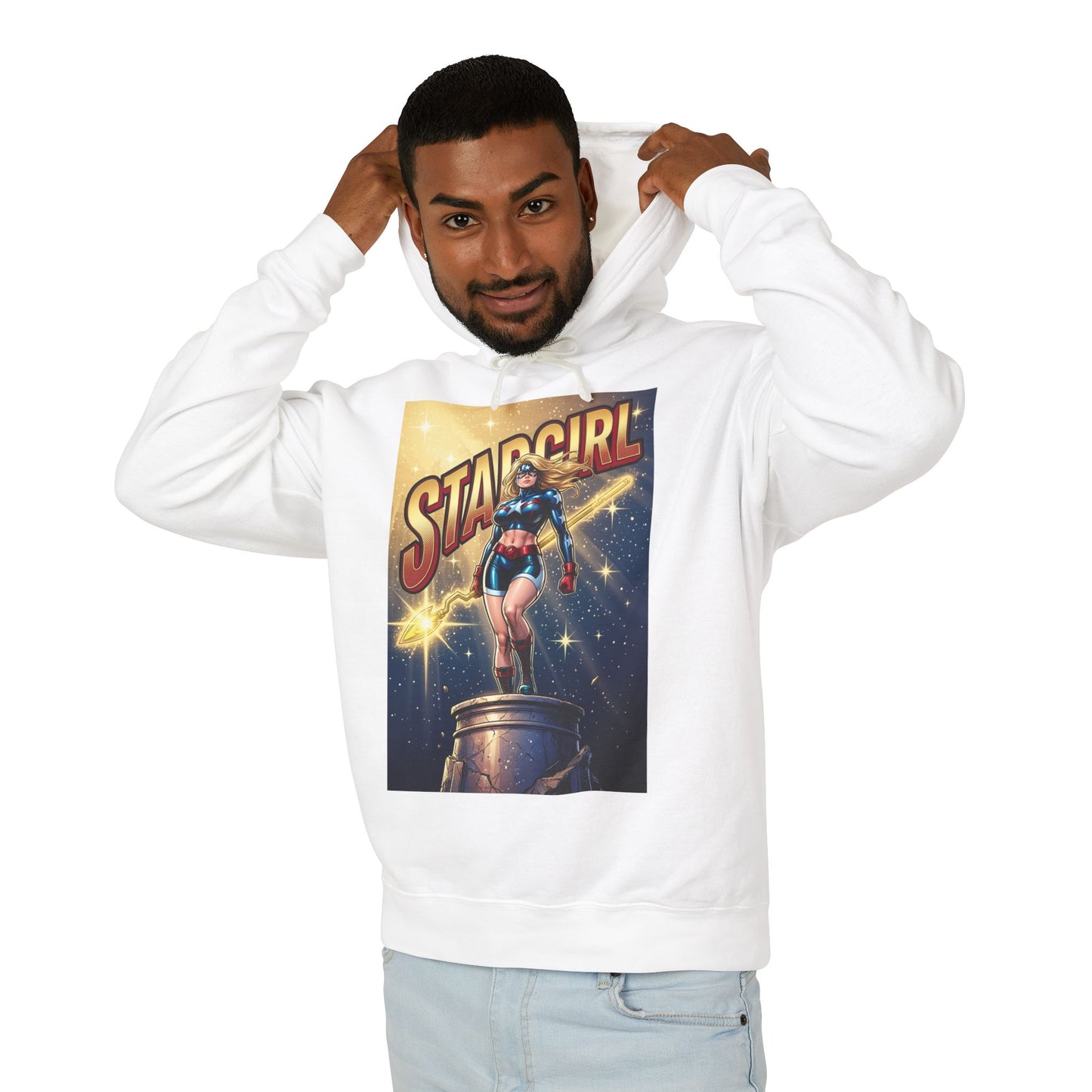 Stargirl Hoodie | DC Superhero Hoodie | Cosmic Staff Pullover white pullover showing vintage Stargirl graphic on front worn by model