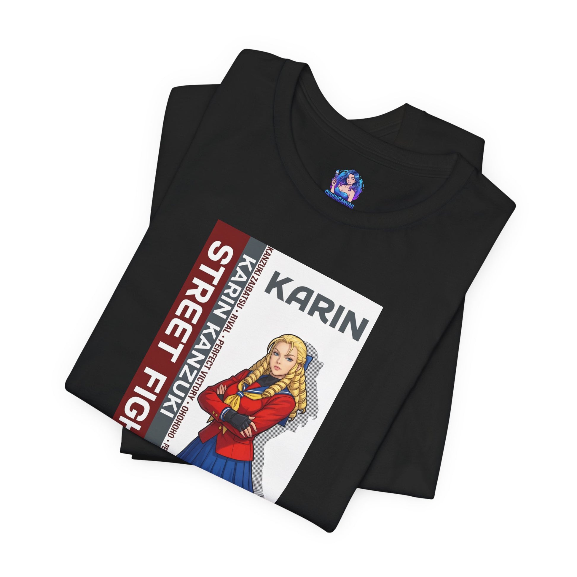Alt Tag: Karin Kanzuki T-Shirt | Street Fighter Anime Tee for Gamers & Fighting Game Fans folded black tee with Karin illustration, premium Bella Canvas style