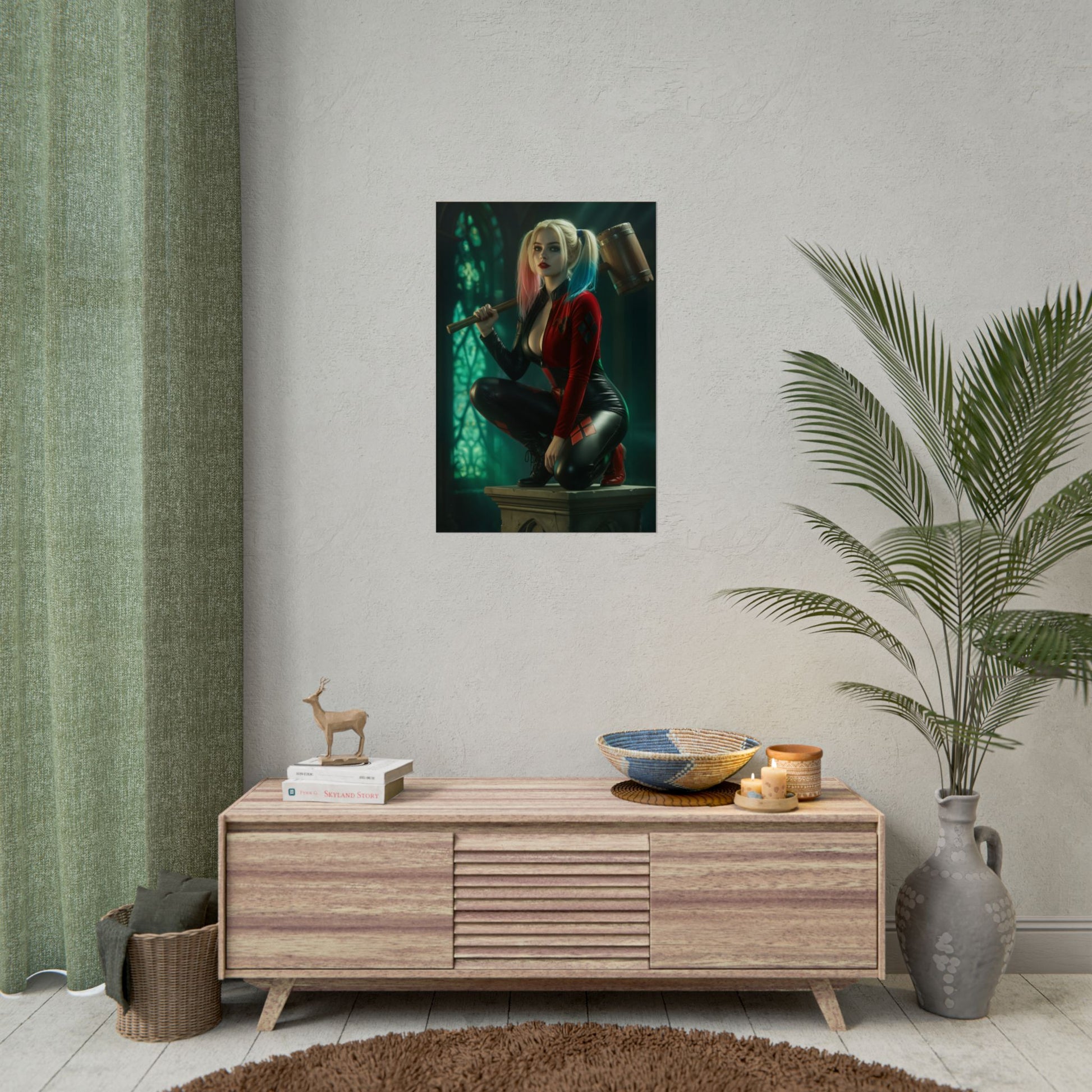 Harley Quinn Poster – Iconic Comic Heroine Wall Art for Gamer Decor, high-res semi-gloss print of Harley Quinn in gaming room display