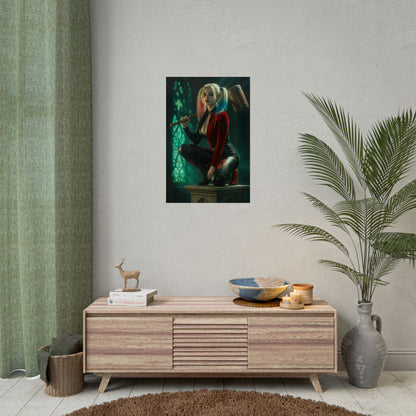 Harley Quinn Poster – Iconic Comic Heroine Wall Art for Gamer Decor, high-res semi-gloss print of Harley Quinn in gaming room display