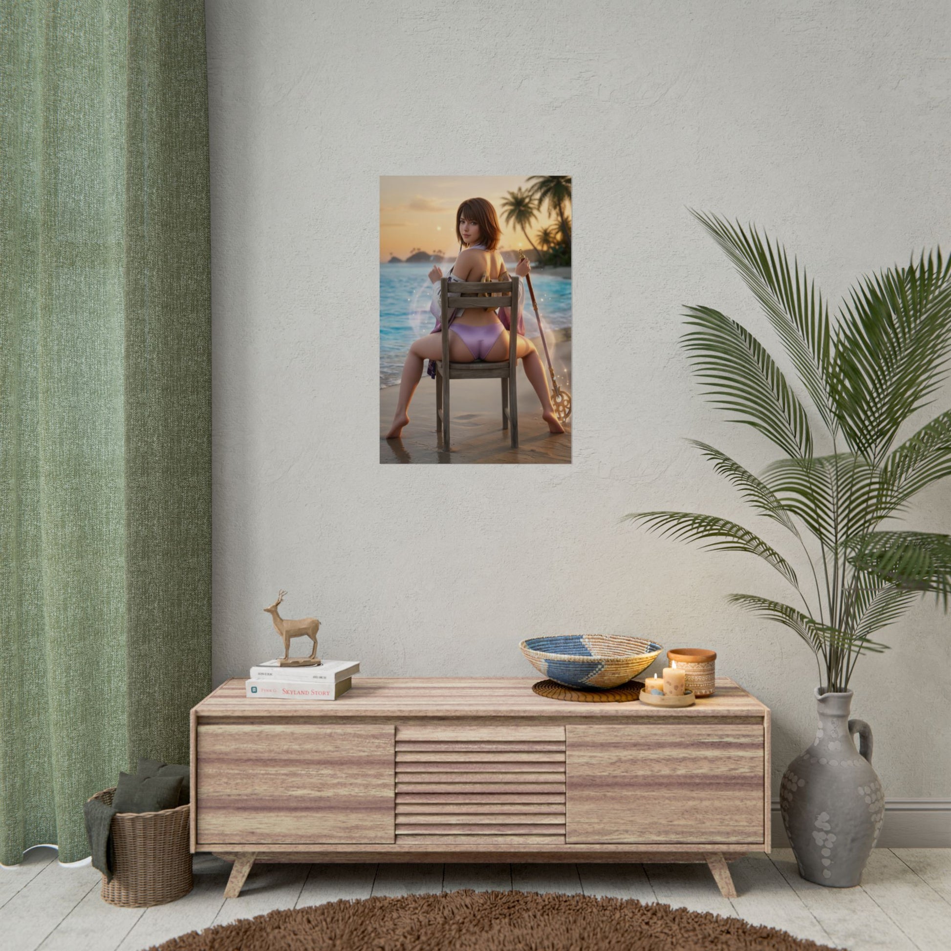 Yuna Poster Final Fantasy Wall Art Print Anime Room Decor - cinematic beach sunset portrait of Yuna seated on a chair by ocean waves